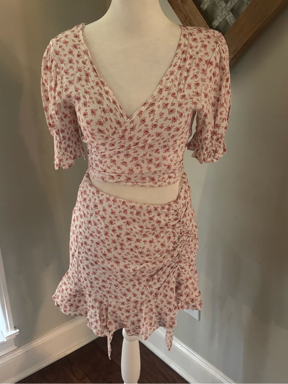 Light Pink Floral Mini Wrap Shirt 2 piece set, perfect for summer, photos, beach